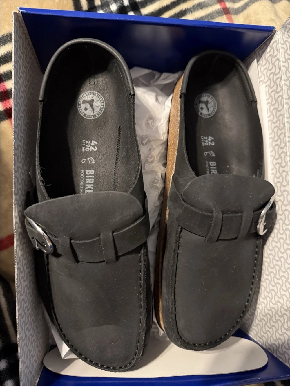 Birkenstock Black Nubuck Slip-On Loafers with Silver Buckle